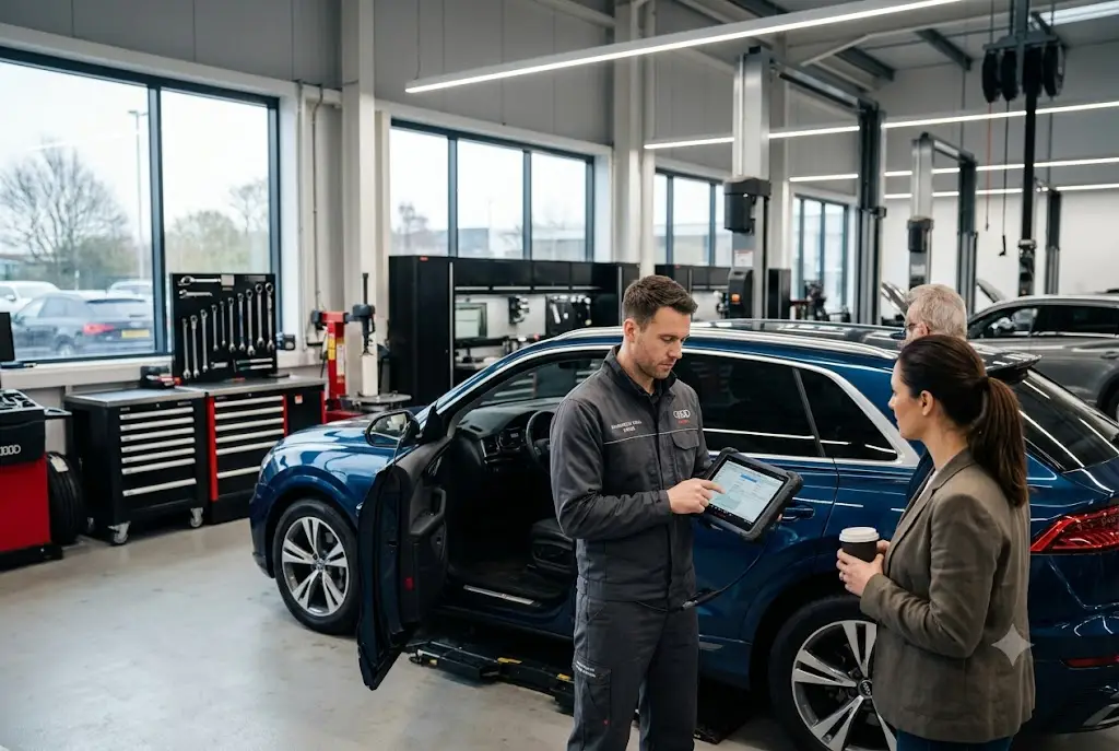 Audi vehicle undergoing professional servicing in a modern UK automotive workshop Audi Car Servicing UK Guide