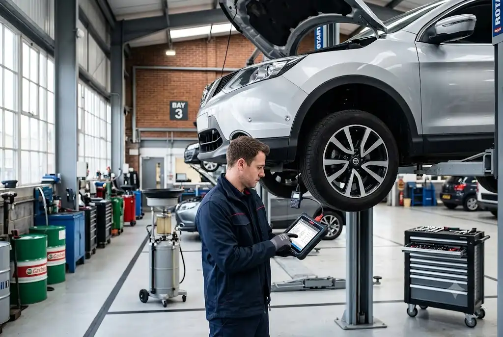 Professional mechanic performing routine auto maintenance service on a vehicle in a modern UK workshop