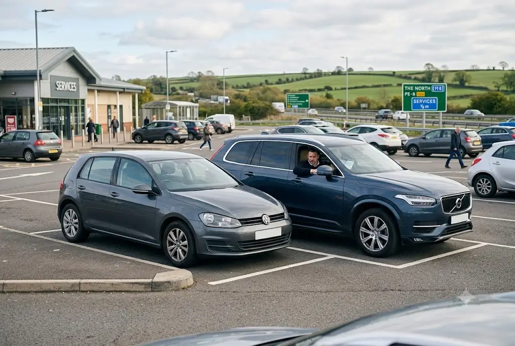UK driver reviewing vehicle mileage information while travelling on a British motorway