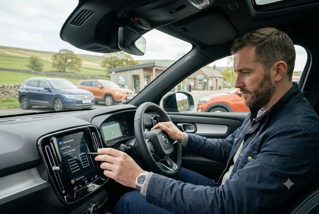 UK driver reviewing vehicle mileage and maintenance schedule information Average Mileage UK Car Per Year Maintenance Guide