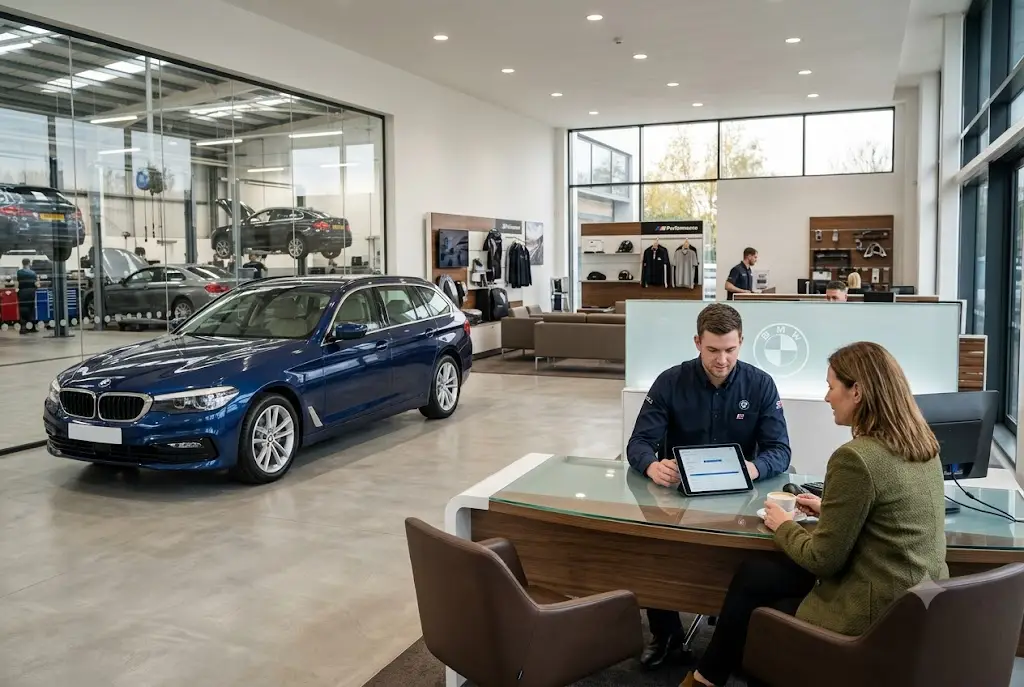 BMW owner reviewing vehicle service history records with a service advisor in the UK