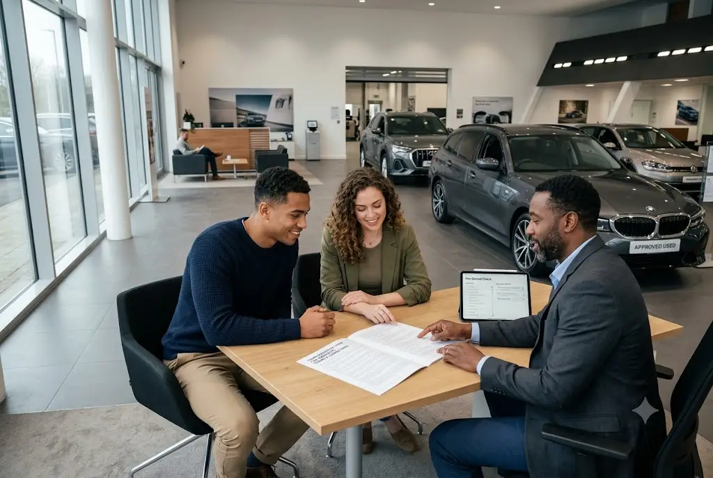 Used car buyers discussing vehicle warranty options with a dealership advisor in the UK Can I Get a Warranty on a Used Car UK Guide