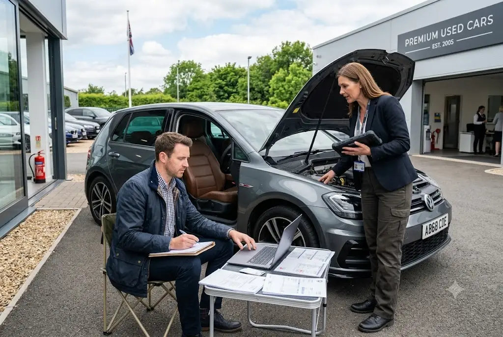 Vehicle buyer reviewing service history records before purchasing a used car in the UK