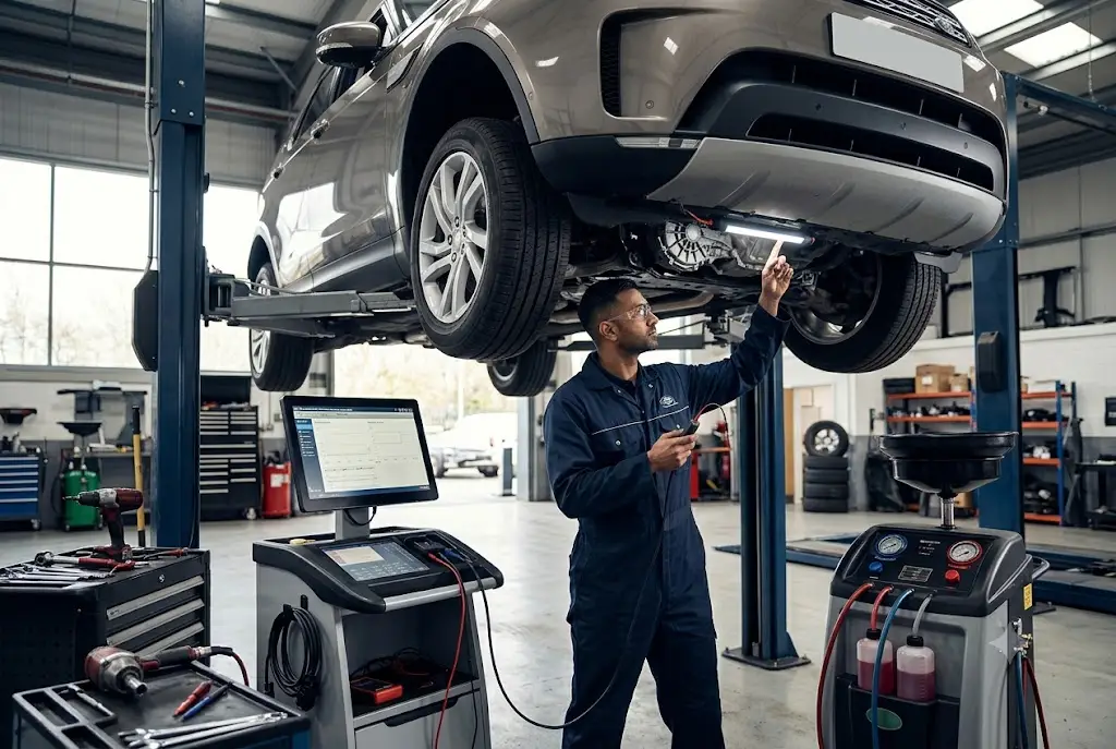 Automotive technician inspecting vehicle transmission during routine maintenance service