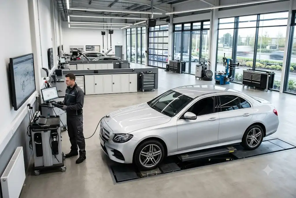 Mercedes vehicle receiving professional servicing in a modern UK automotive workshop