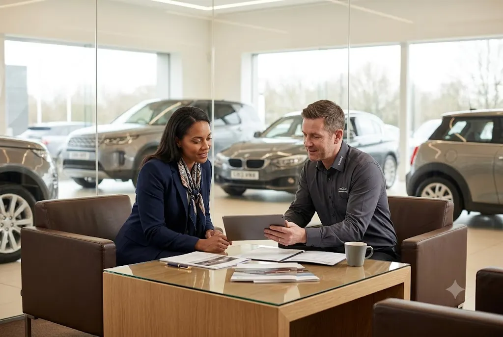 Car owner discussing vehicle warranty options with an automotive advisor in the UK