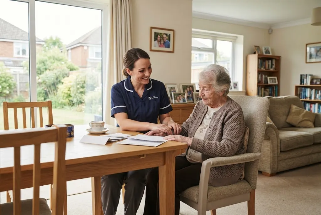 Domiciliary care worker supporting an older adult at home