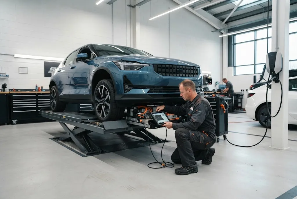 EV servicing and electric vehicle maintenance in a UK automotive workshop EV Servicing UK Electric Vehicle Maintenance