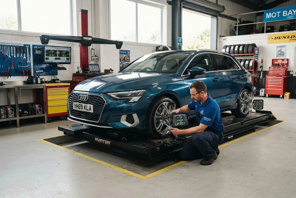Wheel alignment being performed on a vehicle in a UK automotive workshop Wheel Alignment UK Professional Vehicle Service