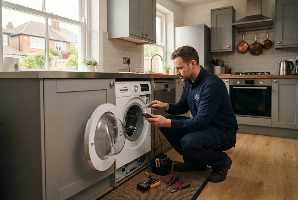 Professional appliance repair services technician inspecting a washing machine in a UK home