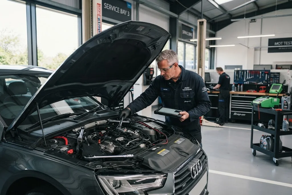Professional auto repair services in a UK automotive workshop
