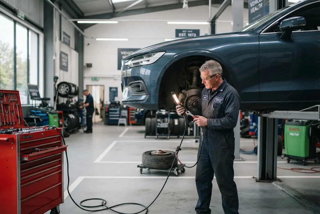 Professional car servicing in a UK automotive workshop