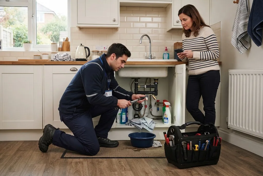 Home emergency cover technician responding to an urgent plumbing problem in a UK home Home Emergency Cover for UK Homes
