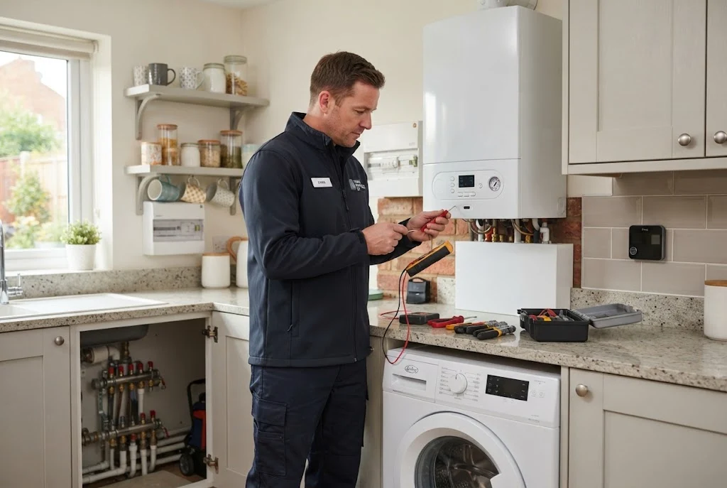 Professional home utility services technician inspecting heating and household systems in a UK home