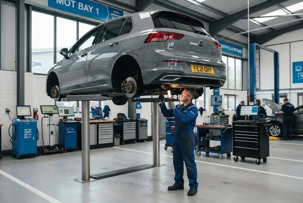 Professional MOT and service inspection at a UK automotive workshop