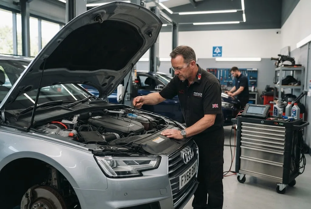 Professional vehicle maintenance in a UK automotive workshop